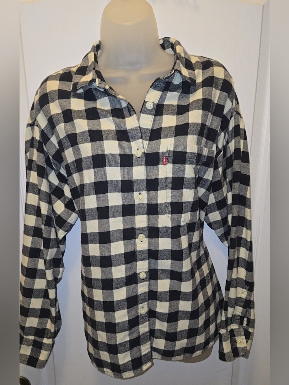 Levi's Cotton Flannel Shirt Women's Large Black White Buffalo Plaid